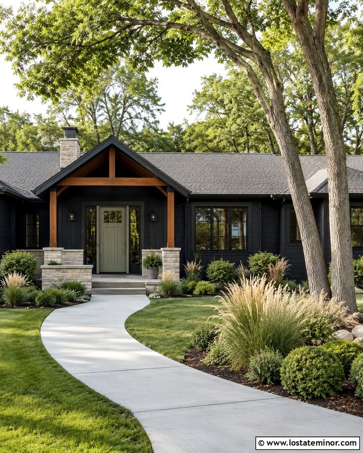 Soft Black Ranch With Sage Green Entry Door - 30 Soft Black House Design With Entry Door Ideas
