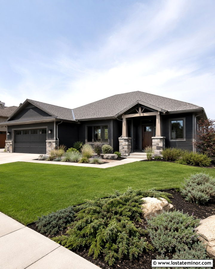 Soft Black Ranch With Stone Porch Columns - 30 Soft Black House Design With Porch Columns Ideas