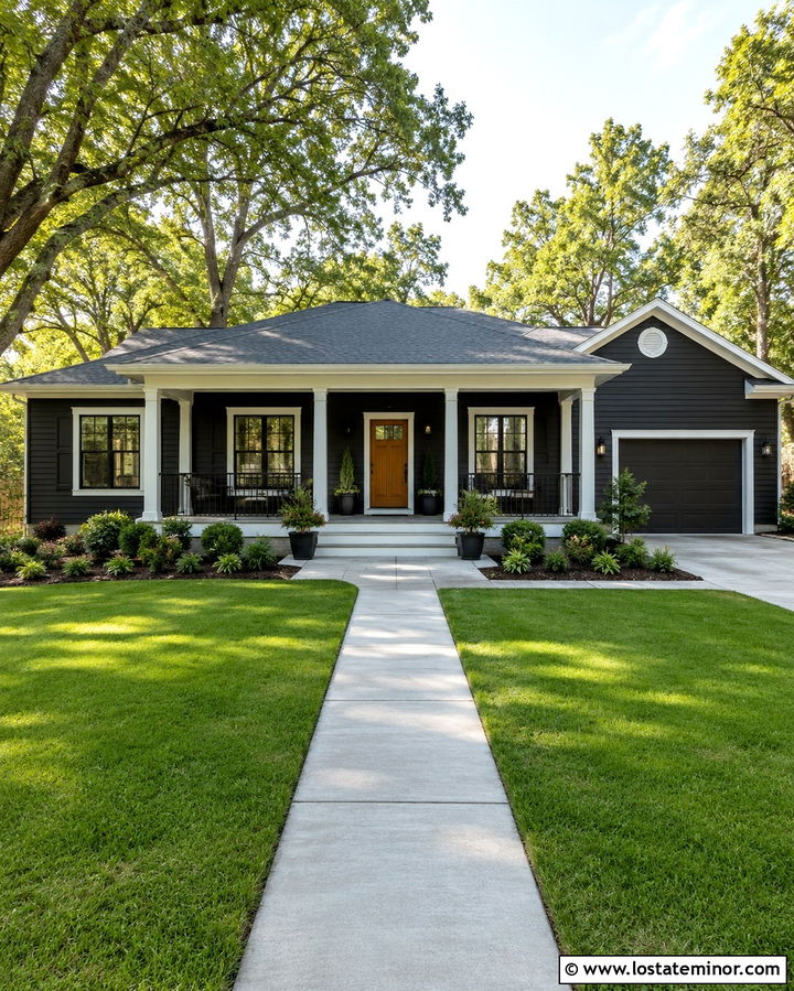 Soft Black Ranch With White Porch Columns - 30 Soft Black House Design With Front Porch Ideas