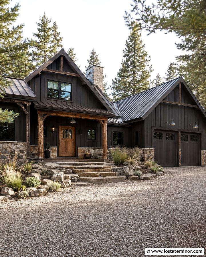 Soft Black Rustic Cabin With Gooseneck Lights - 30 Soft Black House Design With Light Fixtures Ideas