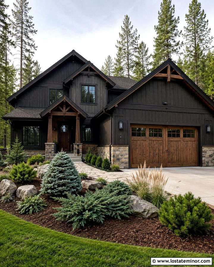Soft Black Rustic House With Evergreen Landscaping - 30 Soft Black House Design With Landscaping Ideas