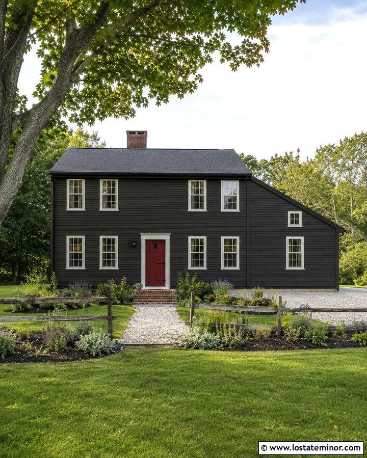 Soft Black Saltbox With Barn Red Dutch Door - 30 Soft Black House Design With Dutch Door Ideas
