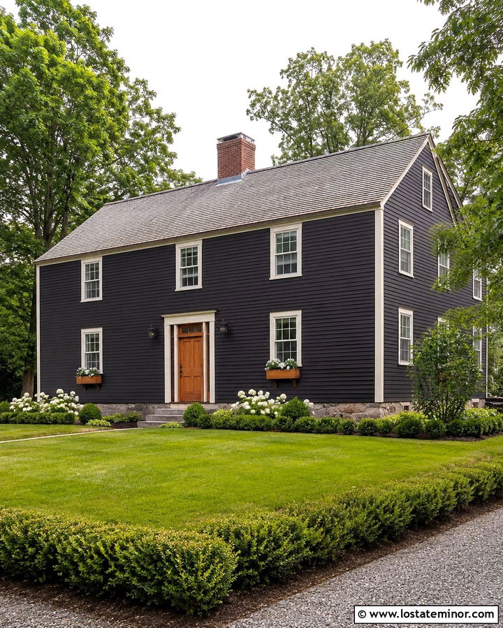 Soft Black Saltbox With Natural Wood Window Boxes - 30 Soft Black House Design With Window Boxes Ideas