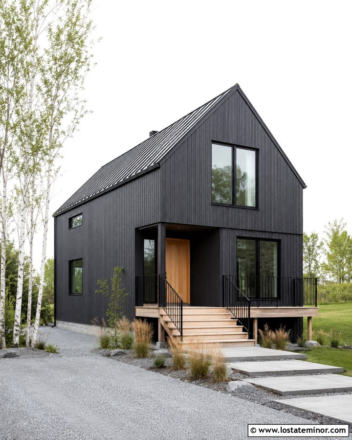 Soft Black Scandinavian House With Light Wood Deck - 30 Soft Black House Design With Deck Ideas