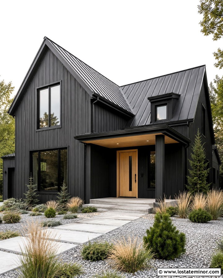 Soft Black Scandinavian House With Light Wood Door - 30 Soft Black House Design With Entry Door Ideas