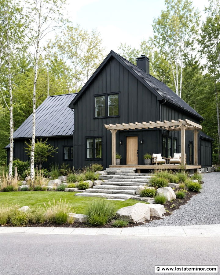 Soft Black Scandinavian House With Pale Wood Pergola - 30 Soft Black House Design With Pergola Ideas