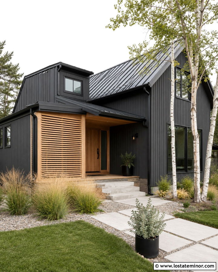 Soft Black Scandinavian House With Slatted Porch - 30 Soft Black House Design With Front Porch Ideas