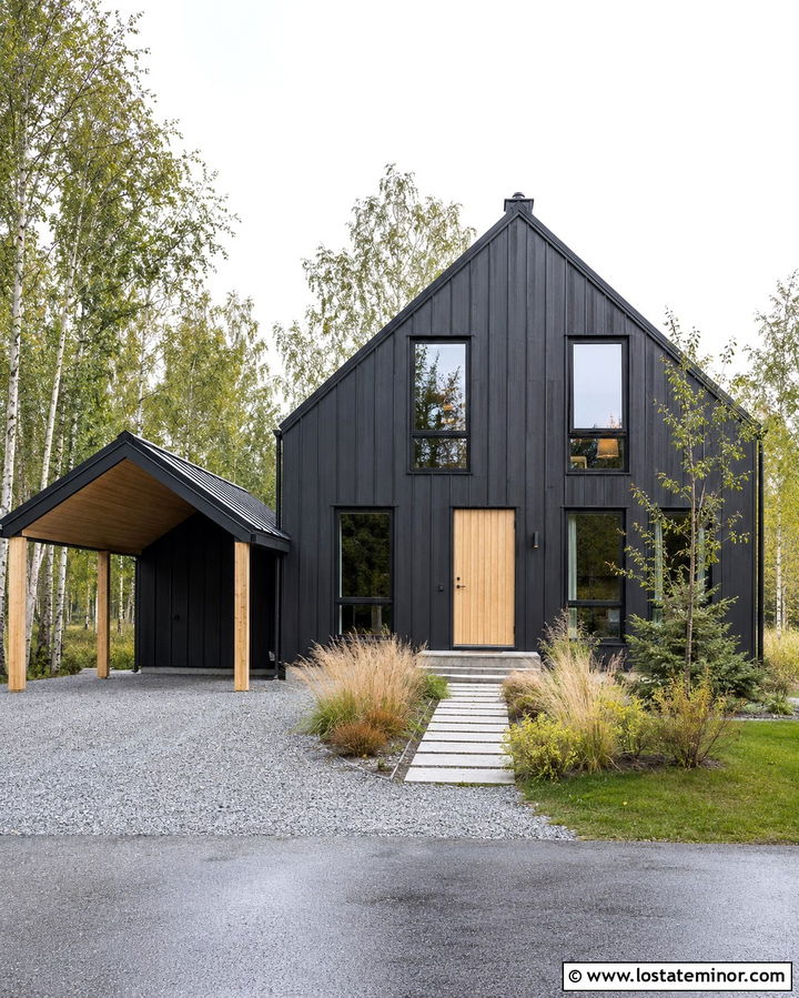 Soft Black Scandinavian House With Timber Carport - 30 Soft Black House Design With Carport Ideas