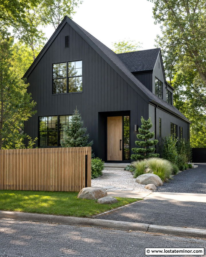 Soft Black Scandinavian House With Vertical Fence - 30 Soft Black House Design With Fence Ideas