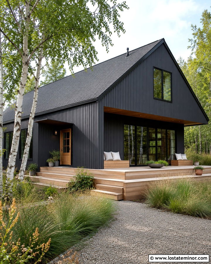 Soft Black Scandinavian House With Wood Deck - 30 Soft Black House Design With Backyard Ideas