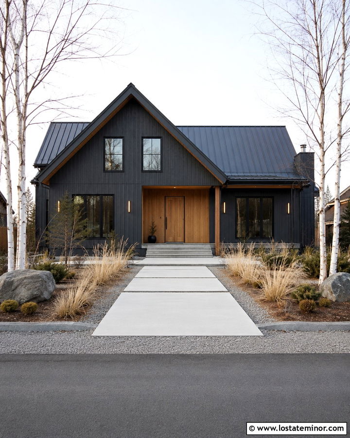 Soft Black Scandinavian House With Wood Lights - 30 Soft Black House Design With Light Fixtures Ideas
