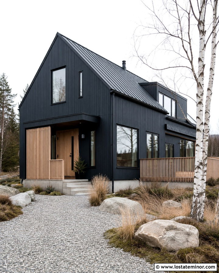 Soft Black Scandinavian House With Wood Slat Railings - 30 Soft Black House Design With Railings Ideas