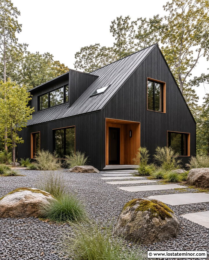 Soft Black Scandinavian House With Wood Window Reveals - 30 Soft Black House Design With Window Frames Ideas