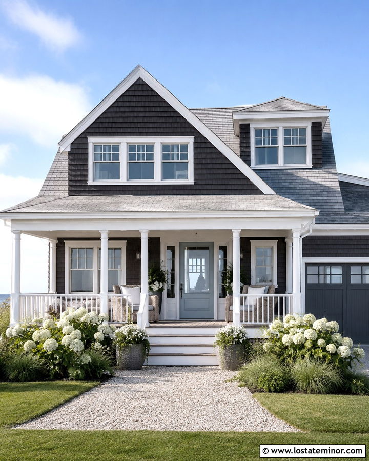 Soft Black Shingle House With Coastal Porch - 30 Soft Black House Design With Front Porch Ideas