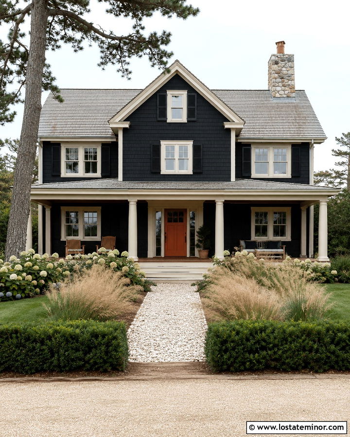 Soft Black Shingle House With Coral Dutch Door - 30 Soft Black House Design With Dutch Door Ideas