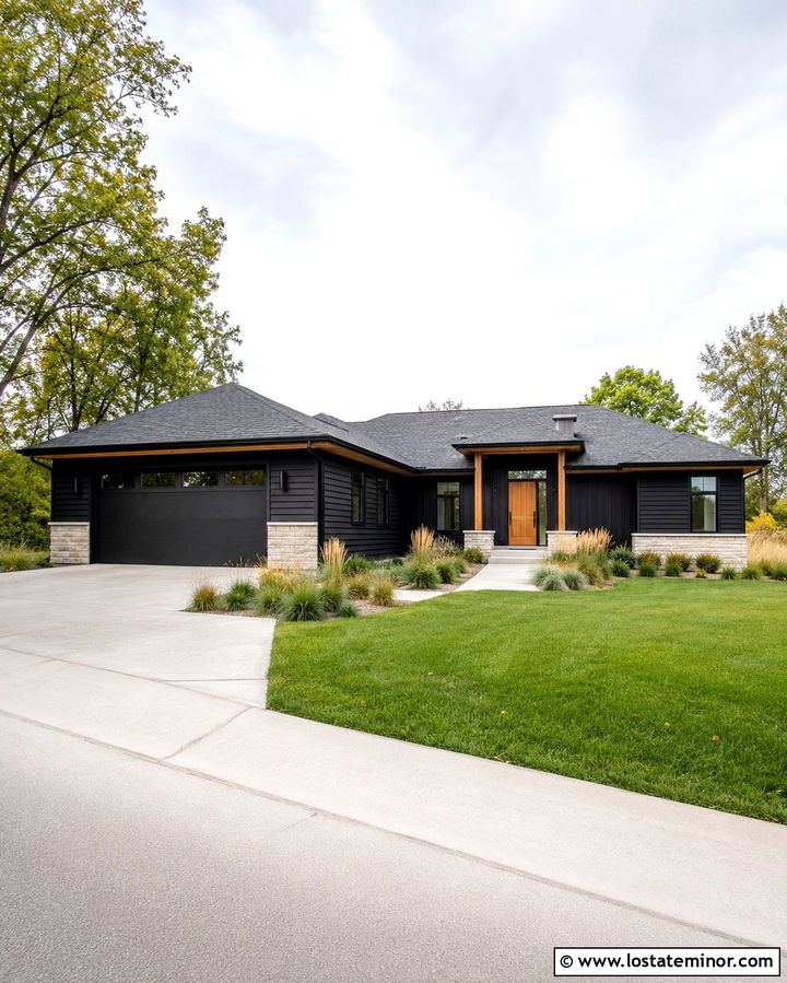 Soft Black Siding With A Black Garage Door - 30 Soft Black House Design With Siding Ideas
