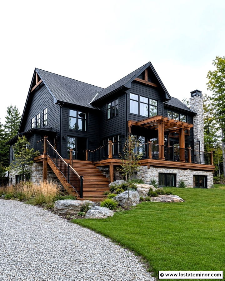 Soft Black Siding With A Cedar Deck - 30 Soft Black House Design With Siding Ideas