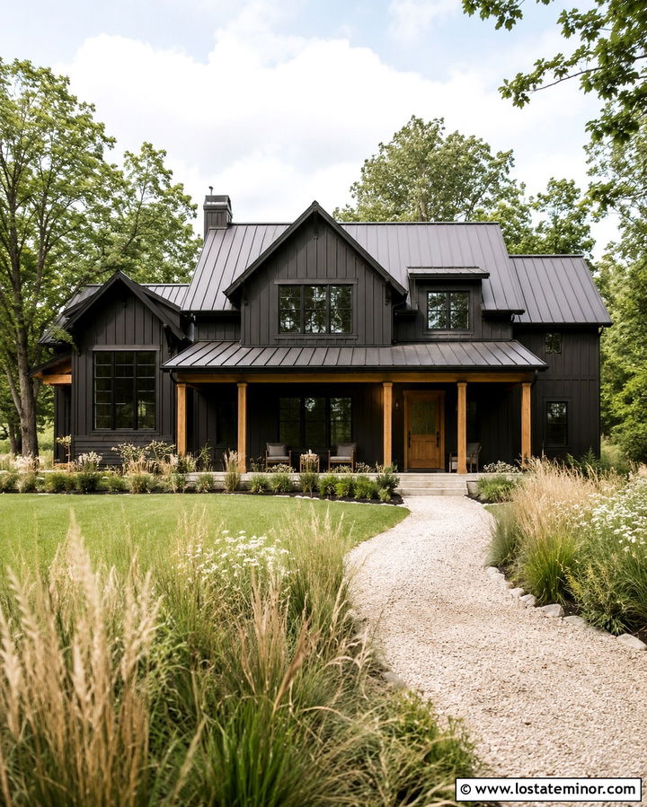 Soft Black Siding With A Metal Roof - 30 Soft Black House Design With Siding Ideas