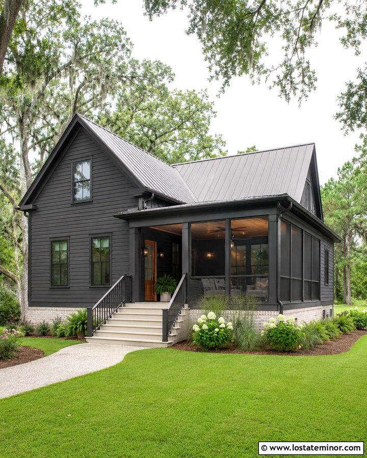 Soft Black Siding With A Screened Porch - 30 Soft Black House Design With Siding Ideas