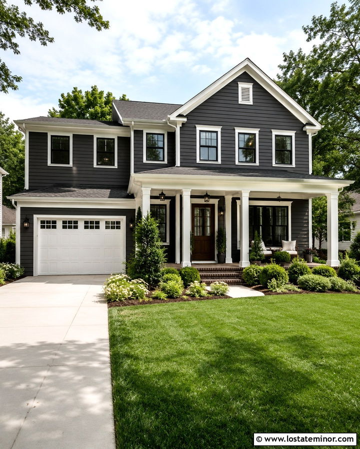 Soft Black Siding With A White Garage Door - 30 Soft Black House Design With Siding Ideas