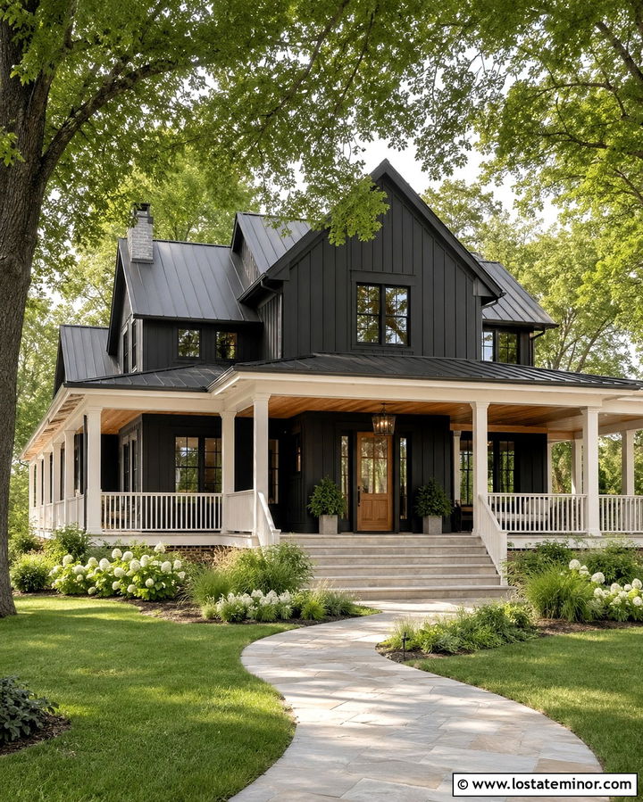 Soft Black Siding With A Wraparound Porch - 30 Soft Black House Design With Siding Ideas
