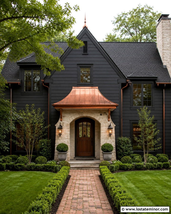 Soft Black Siding With Copper Details - 30 Soft Black House Design With Siding Ideas