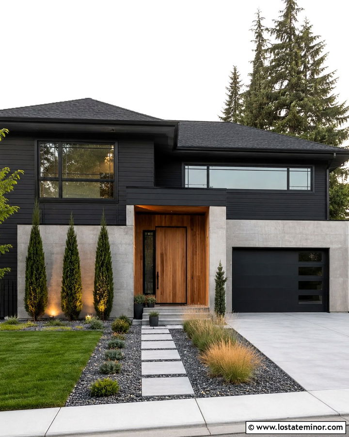 Soft Black Siding With Horizontal Wood Panels - 30 Soft Black House Design With Siding Ideas
