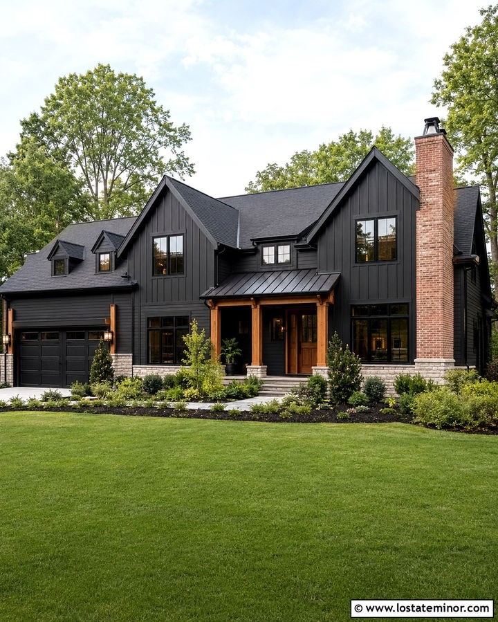 Soft Black Siding With Mixed Materials - 30 Soft Black House Design With Siding Ideas