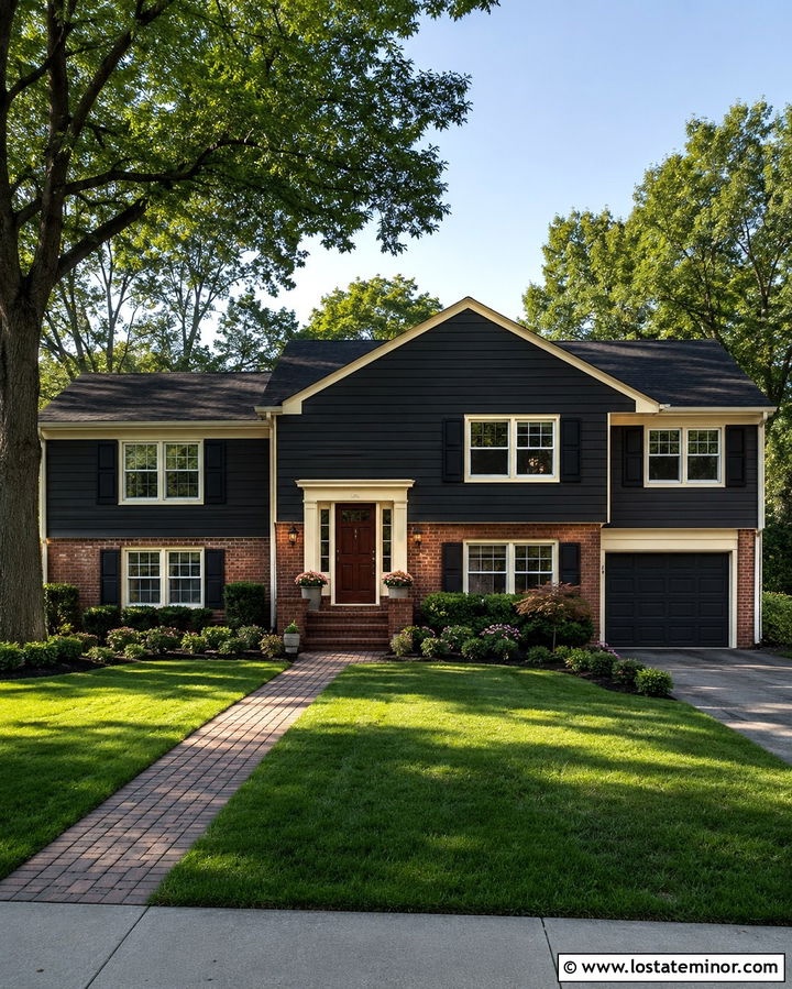 Soft Black Siding With Red Brick - 30 Soft Black House Design With Siding Ideas