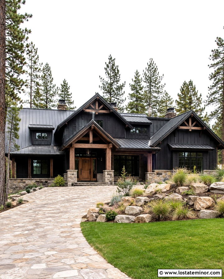 Soft Black Siding With Rustic Wood Beams - 30 Soft Black House Design With Siding Ideas
