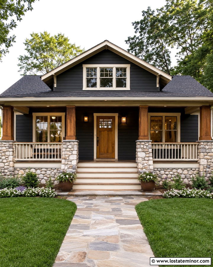 Soft Black Siding With Stone Porch Columns - 30 Soft Black House Design With Siding Ideas