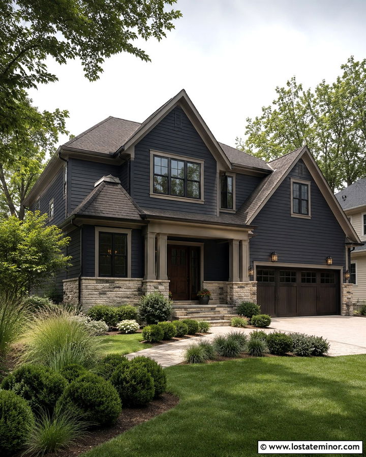 Soft Black Siding With Warm Gray Trim - 30 Soft Black House Design With Siding Ideas
