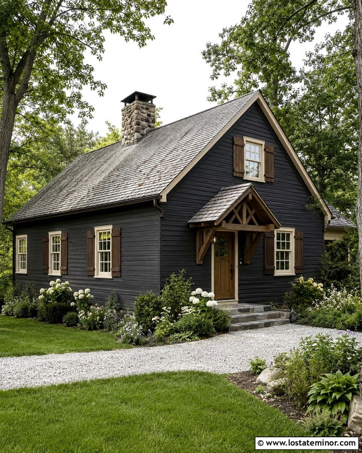 Soft Black Siding With Wood Shutters - 30 Soft Black House Design With Siding Ideas