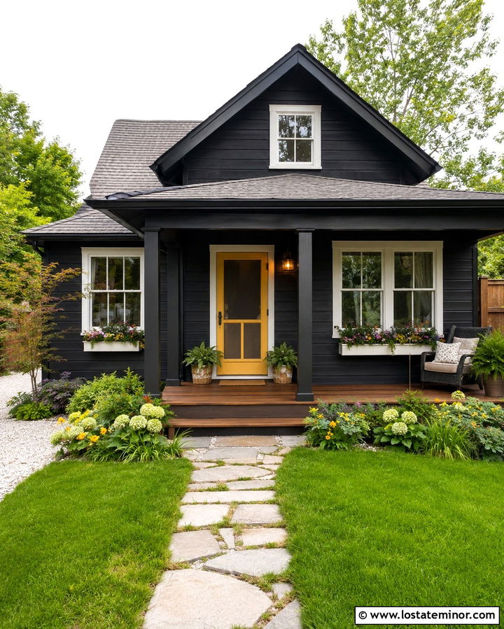 Soft Black Small House With Yellow Screen Door - 30 Soft Black House Design With Screen Door Ideas