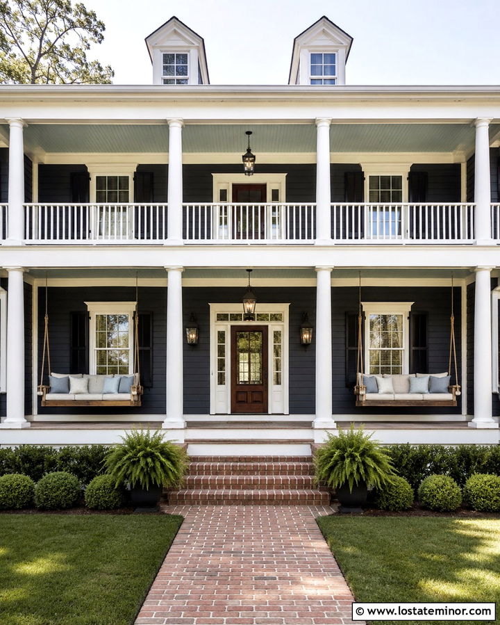 Soft Black Southern House With Double Porch Swings - 30 Soft Black House Design With Swing Ideas