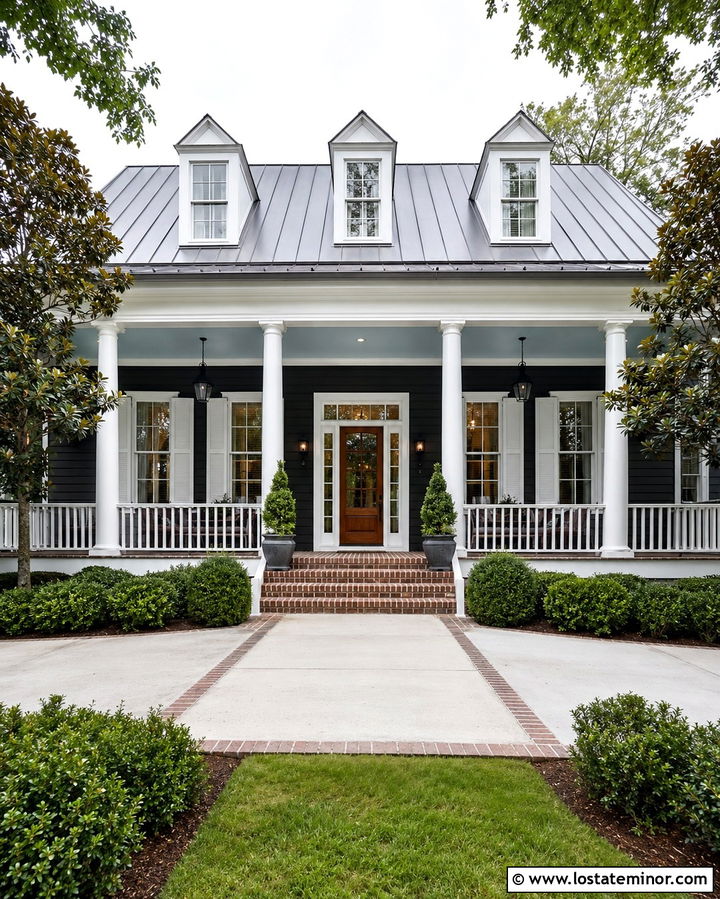 Soft Black Southern House With White Louvered Shutters - 30 Soft Black House Design With Shutters Ideas