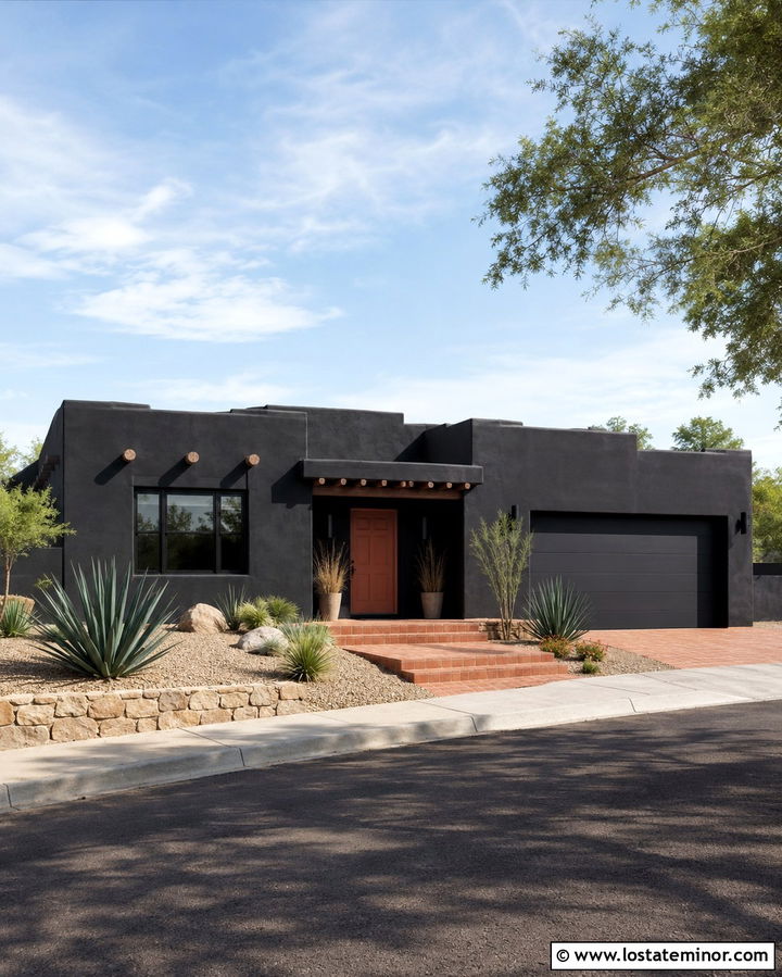 Soft Black Southwest House With Terracotta Front Door - 30 Soft Black House Design With Front Door Ideas