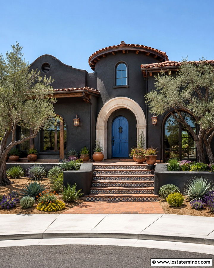 Soft Black Spanish House With Blue Entry Door - 30 Soft Black House Design With Entry Door Ideas