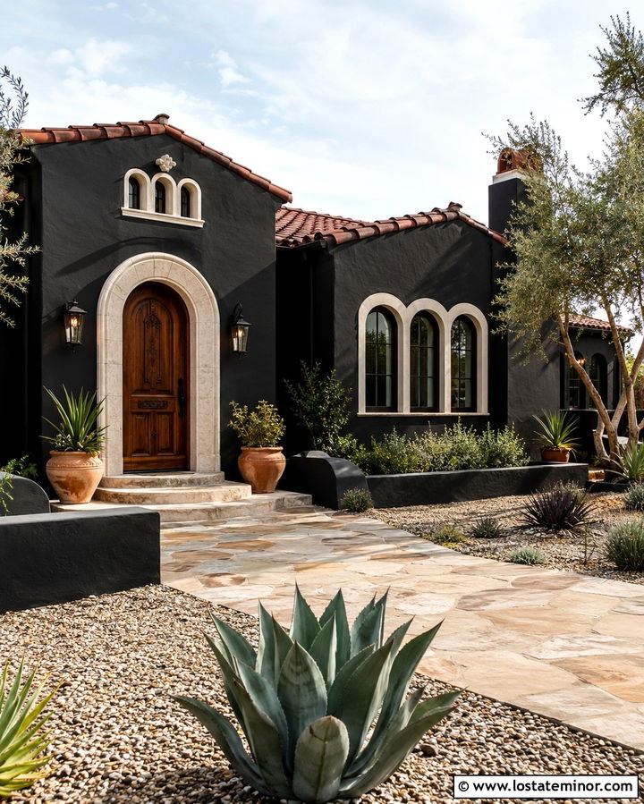 Soft Black Spanish House With Bronze Sconces - 30 Soft Black House Design With Light Fixtures Ideas