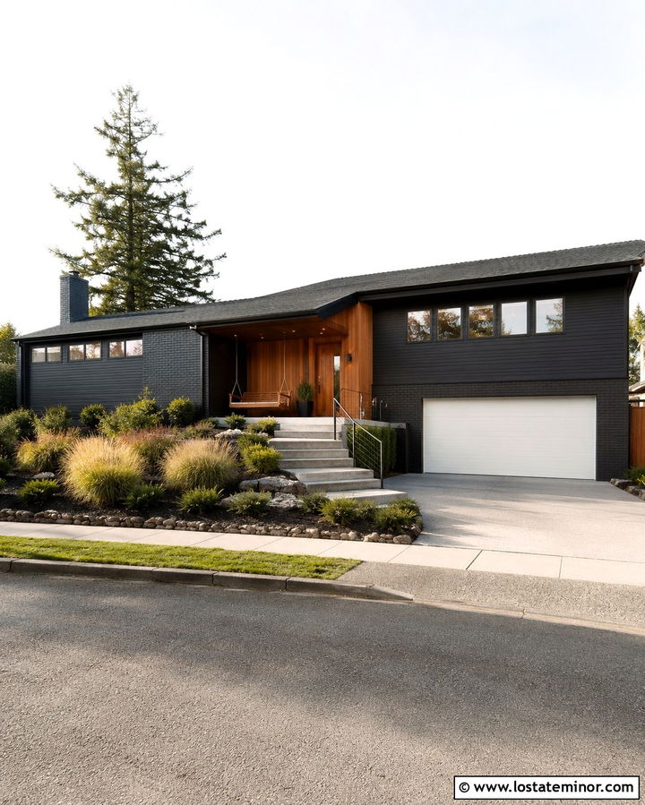 Soft Black Split Level House With Bench Swing - 30 Soft Black House Design With Swing Ideas
