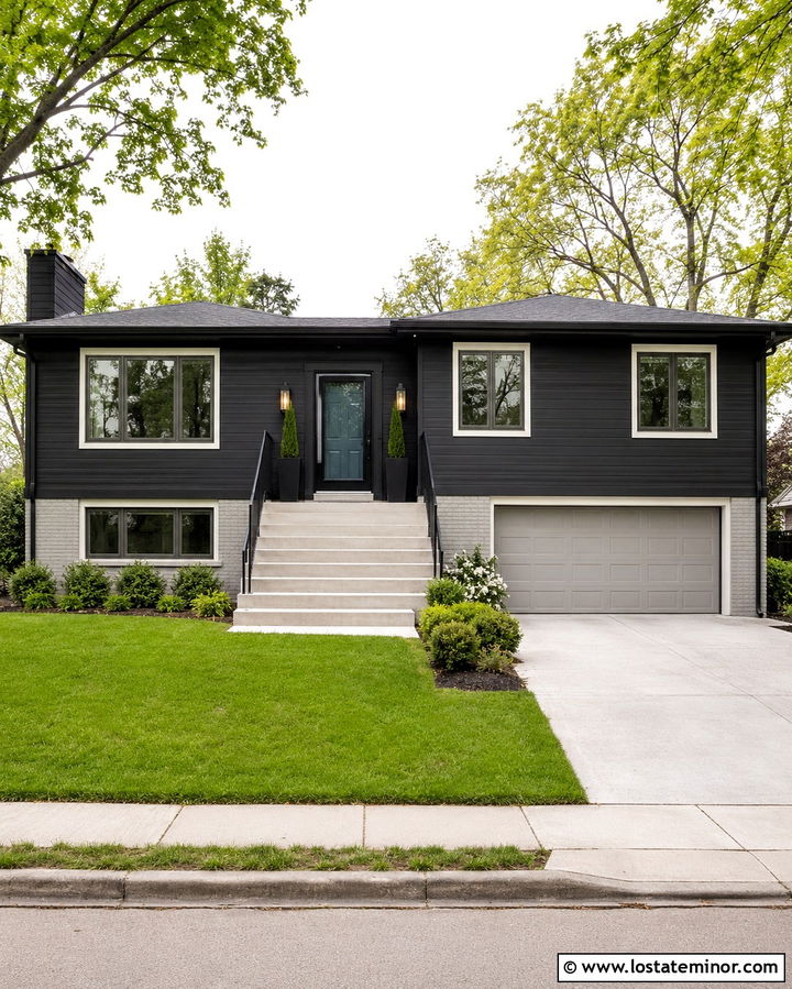 Soft Black Split Level House With Blue Door And Black Storm Door - 30 Soft Black House Design With Storm Door Ideas