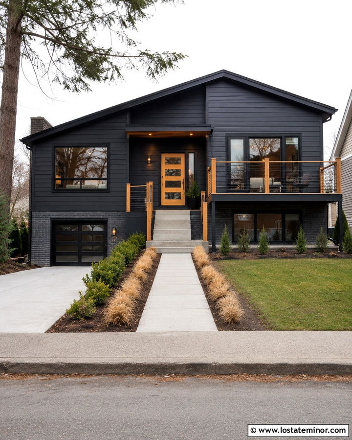 Soft Black Split Level House With Cable Railings - 30 Soft Black House Design With Railings Ideas