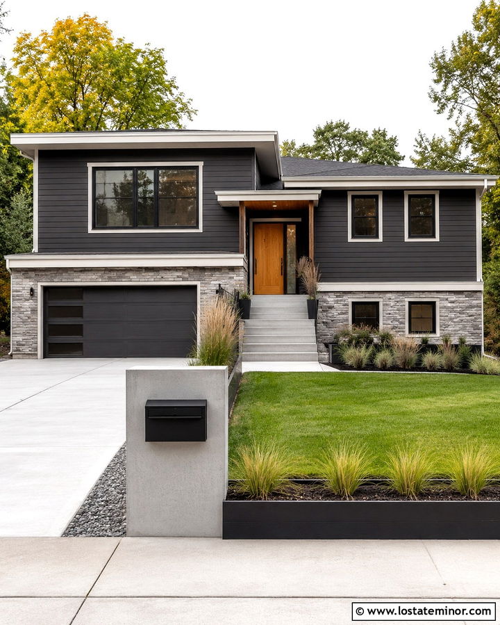 Soft Black Split Level House With Concrete Mailbox - 30 Soft Black House Design With Mailbox Ideas