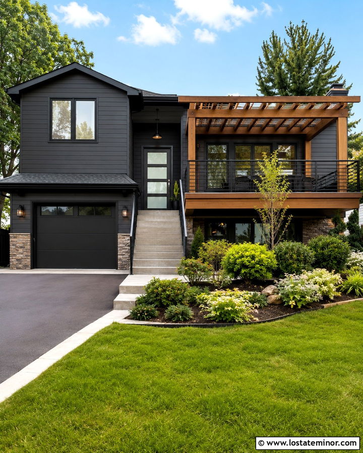 Soft Black Split Level House With Deck Pergola - 30 Soft Black House Design With Pergola Ideas