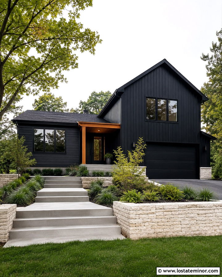 Soft Black Split Level House With Gables - 30 Soft Black House Design With Gables Ideas