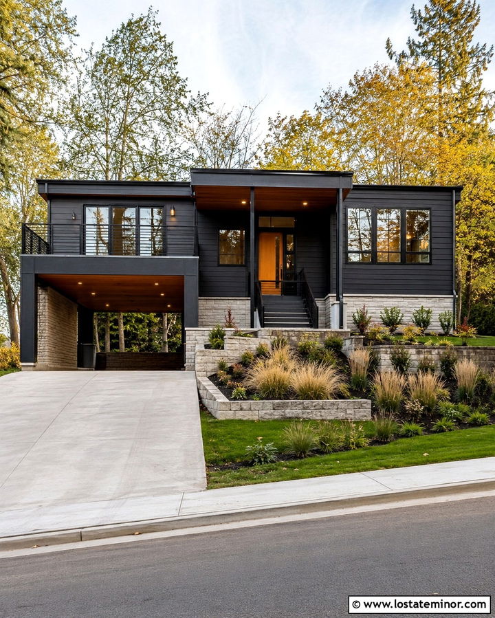 Soft Black Split Level House With Lower Carport - 30 Soft Black House Design With Carport Ideas