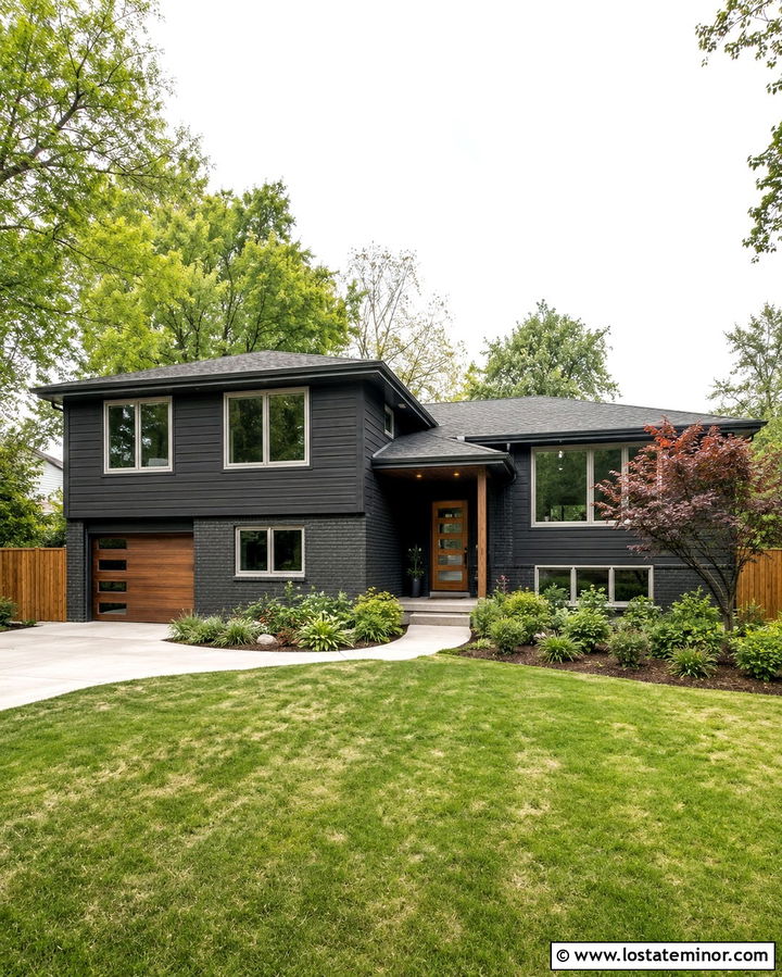 Soft Black Split Level House With Privacy Fence - 30 Soft Black House Design With Fence Ideas