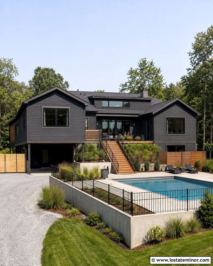 Soft Black Split Level House With Raised Pool Deck - 30 Soft Black House Design With Swimming Pool Ideas
