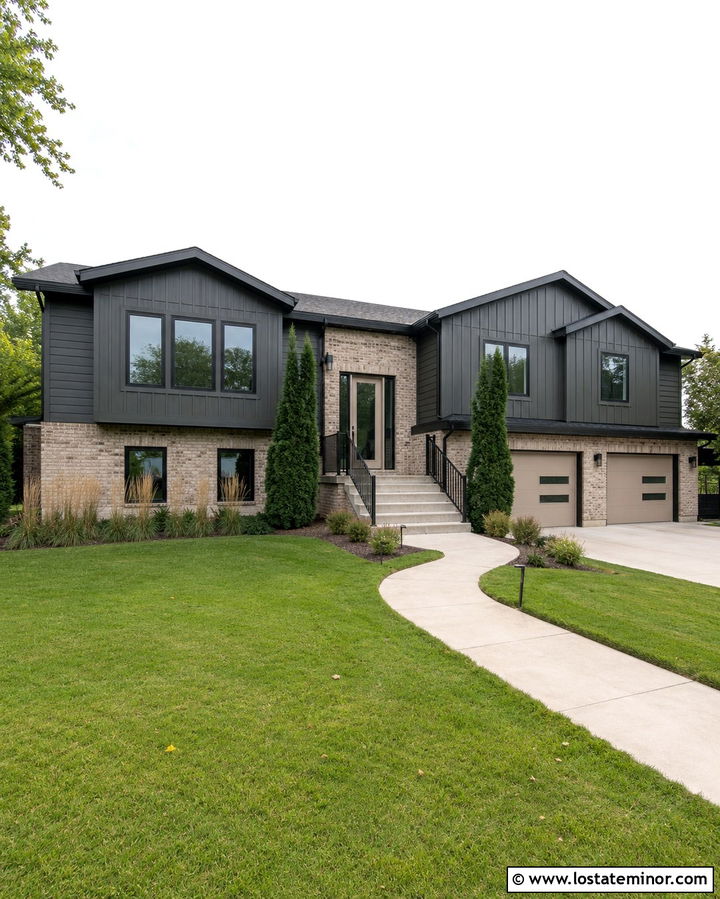 Soft Black Split Level House With Sandstone Storm Door - 30 Soft Black House Design With Storm Door Ideas