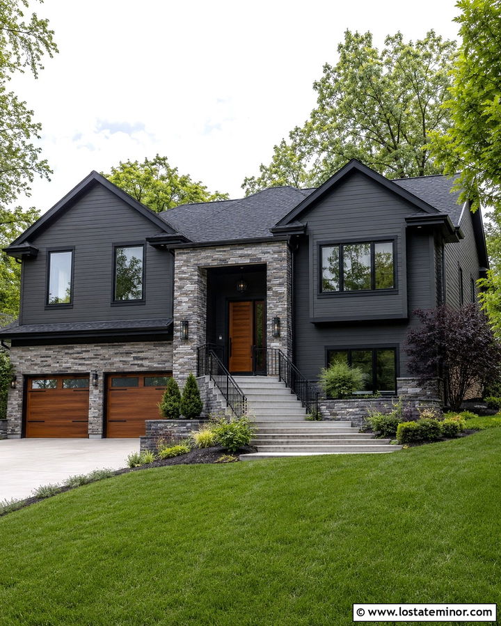 Soft Black Split Level House With Stacked Stone - 30 Soft Black House Design With Stone Accents Ideas